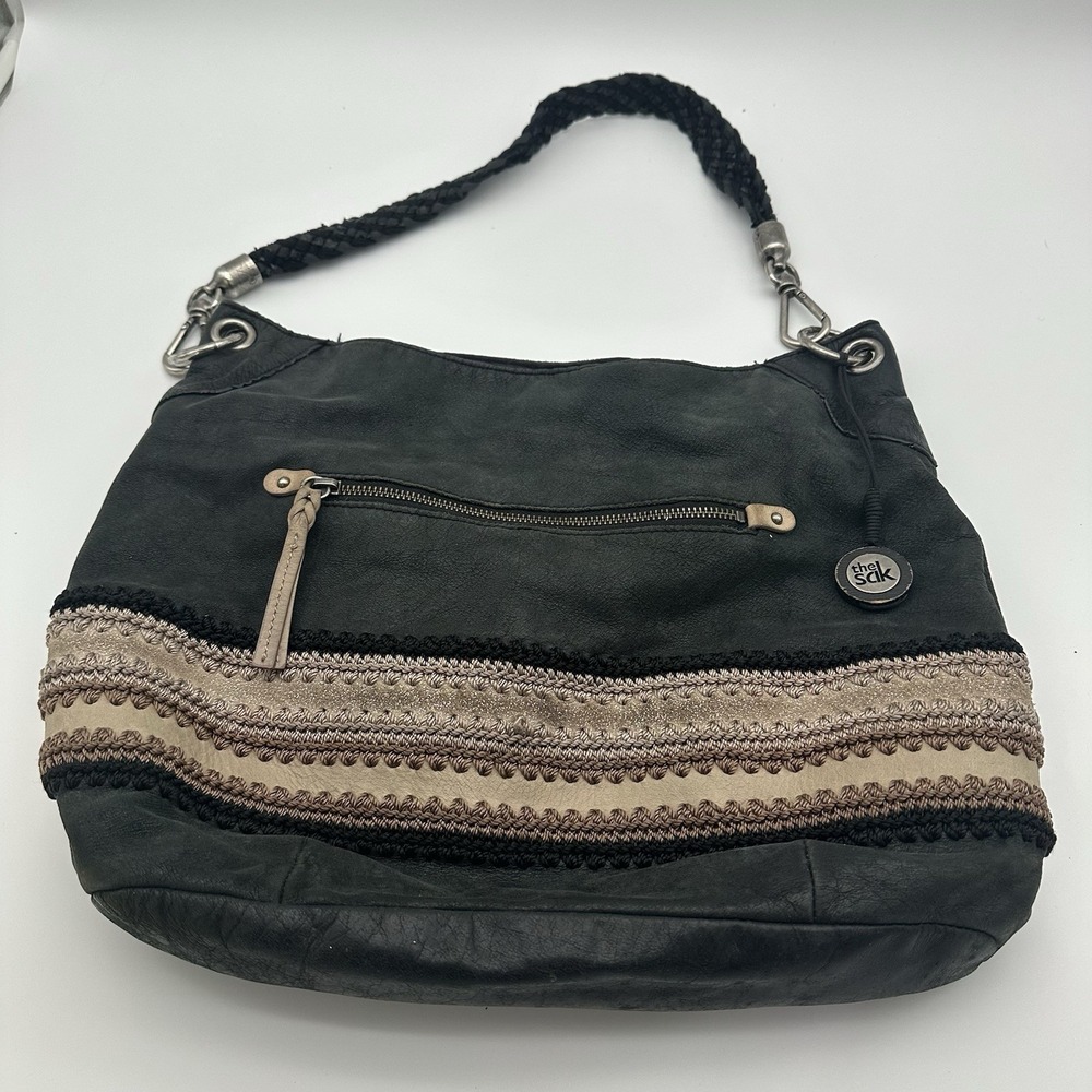 The Sak Black & Beige Stripe Handbag Purse‎ 12" Rope Handle